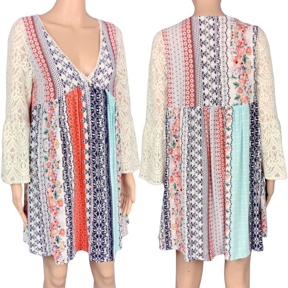 Kori America Women's Boho Dress Multicolor Multi Print Lace Bell Sleeve Size Med